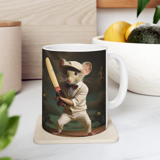 Mouse Cricket Batting, Wicket, Ball Hitting Stump, Howzat Moment - Ceramic Mug 11oz