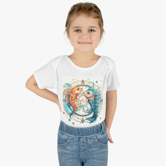 Pisces Zodiac Horoscope - Starry Watercolor & Ink, Fish - Infant Baby Rib Bodysuit