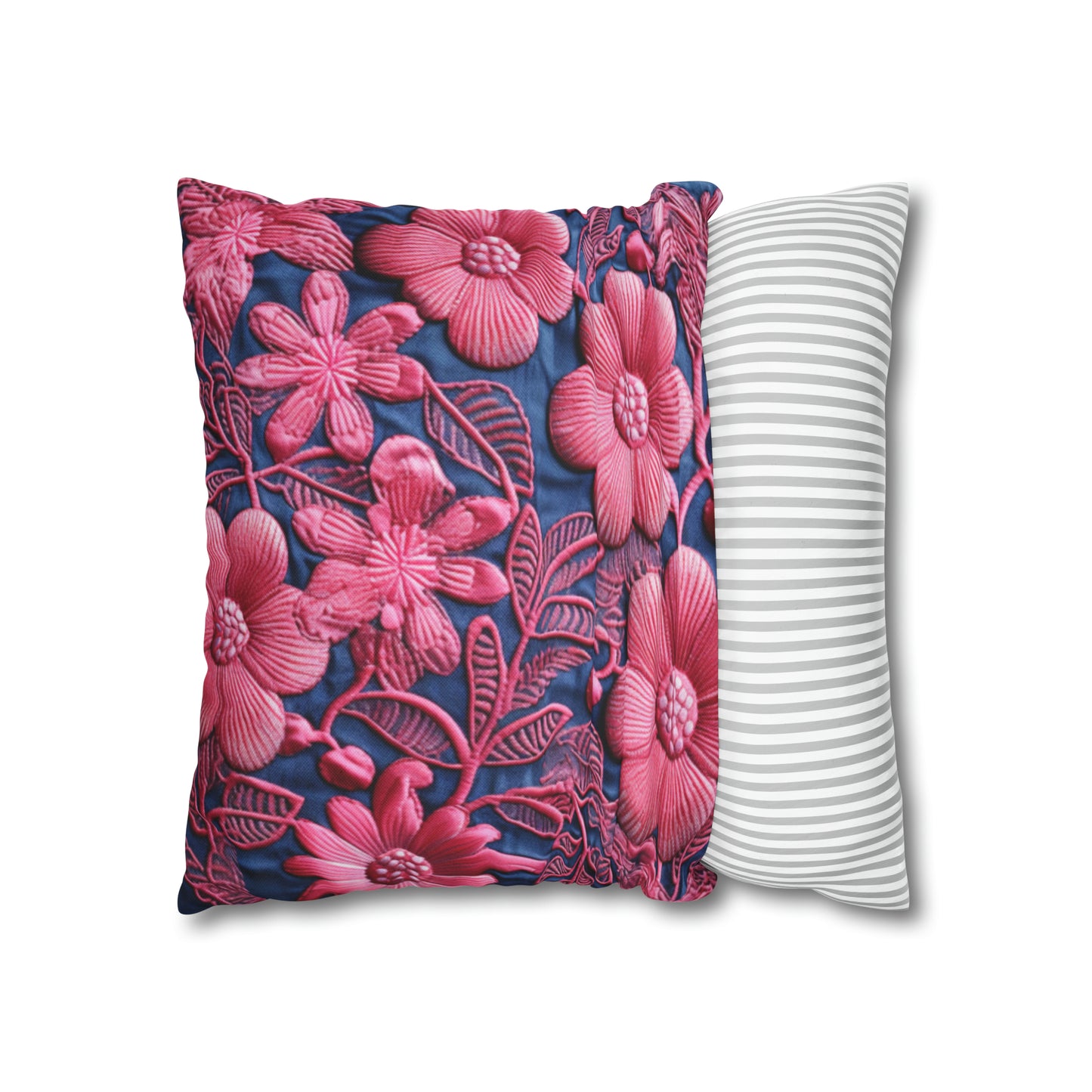 Denim Blue Doll Pink Floral Embroidery Style Fabric Flowers - Spun Polyester Square Pillow Case