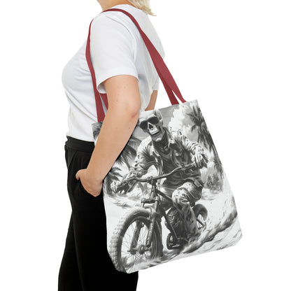 Biker Skeleton Wearing Sunglasses, Riding Sunset Boulevard in California Motorcycle, Tote Bag (AOP)