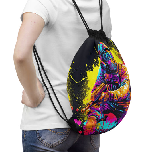 Paintball Action Sport: Player in Battle, Paint Splatter - Drawstring Bag