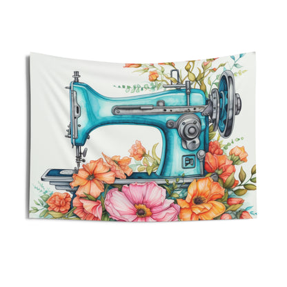 Aqua Blue Sewing Machine and Floral Watercolor Illustration, Artistic Craft - Indoor Wall Tapestries