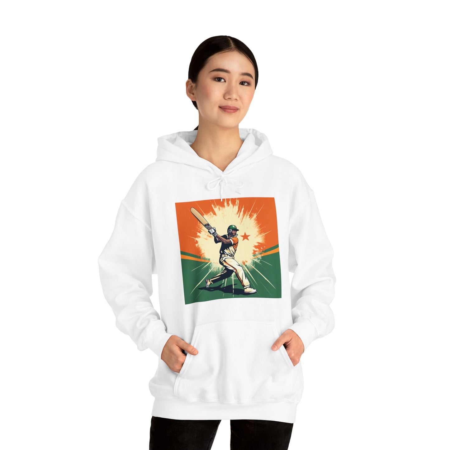 India Cricket Star: Batsman With Willow Bat, National Flag Style - Sport Game - Unisex Heavy Blend™ Hooded Sweatshirt