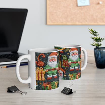 Christmas Santa Claus - Embroidered Presents - Festive Winter Wonderland - Deck the Halls Design - Ceramic Mug 11oz