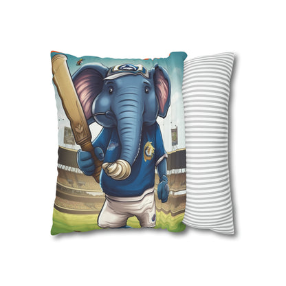 India Elephant Cricket Sport Star: Pitch, Run, Stump Game - Animated Charm - Spun Polyester Square Pillow Case