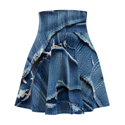 Midnight Blue Distressed Denim: Rugged, Torn & Stylish Design - Women's Skater Skirt (AOP)