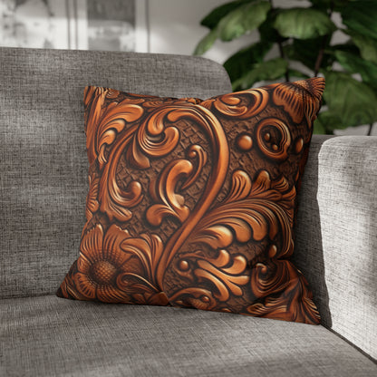 Leather Flower Cognac Classic Brown Timeless American Cowboy Design - Spun Polyester Square Pillow Case