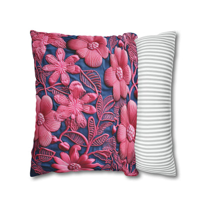 Denim Blue Doll Pink Floral Embroidery Style Fabric Flowers - Spun Polyester Square Pillow Case