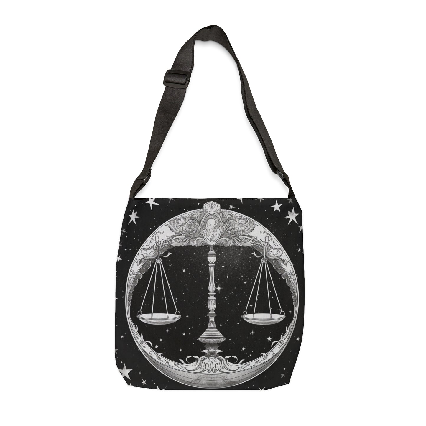 Bolso de mano Libra Zodiac, diseño de escamas en blanco y negro, 100% poliéster hilado, correa ajustable