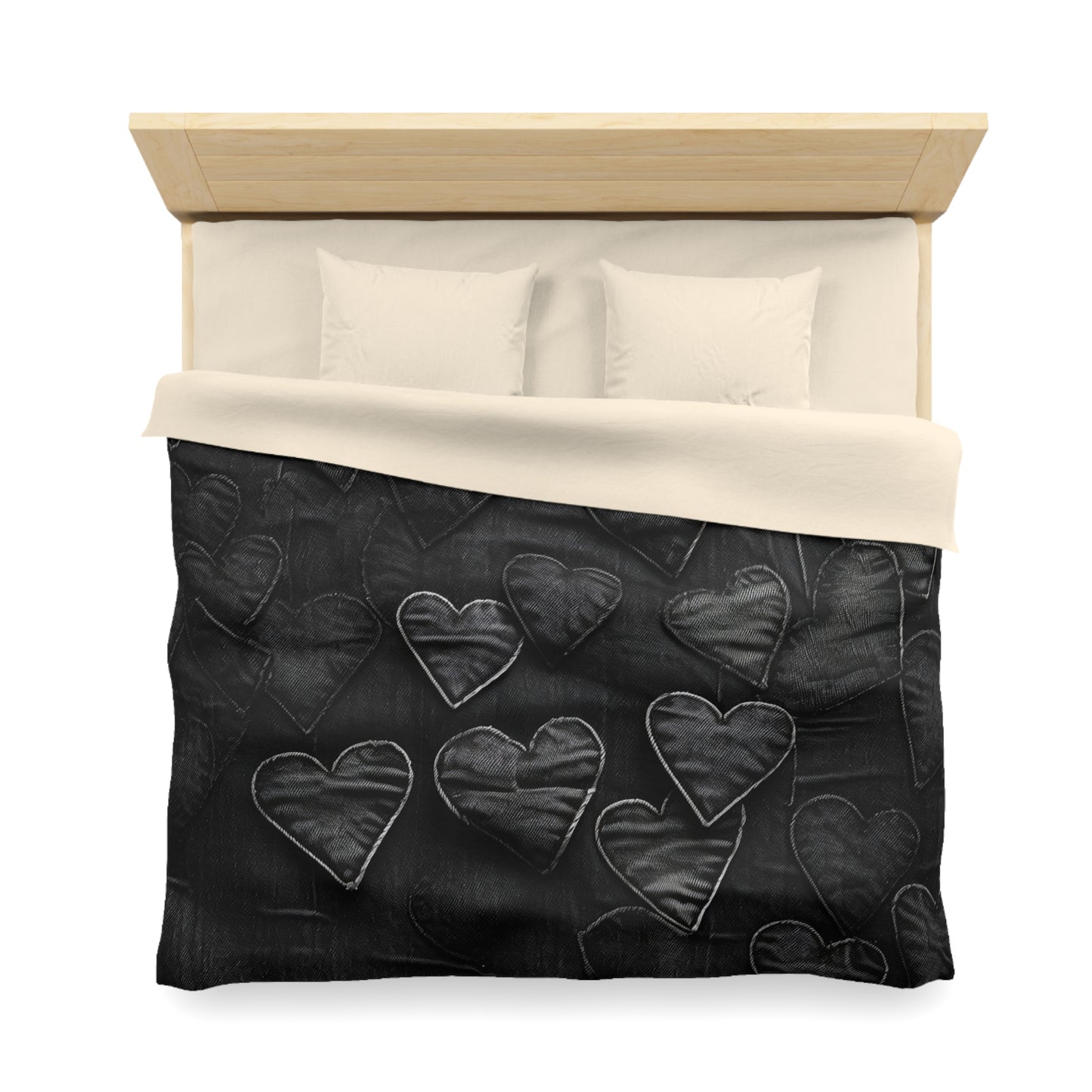 Black: Distressed Denim-Inspired Fabric Heart Embroidery Design - Microfiber Duvet Cover