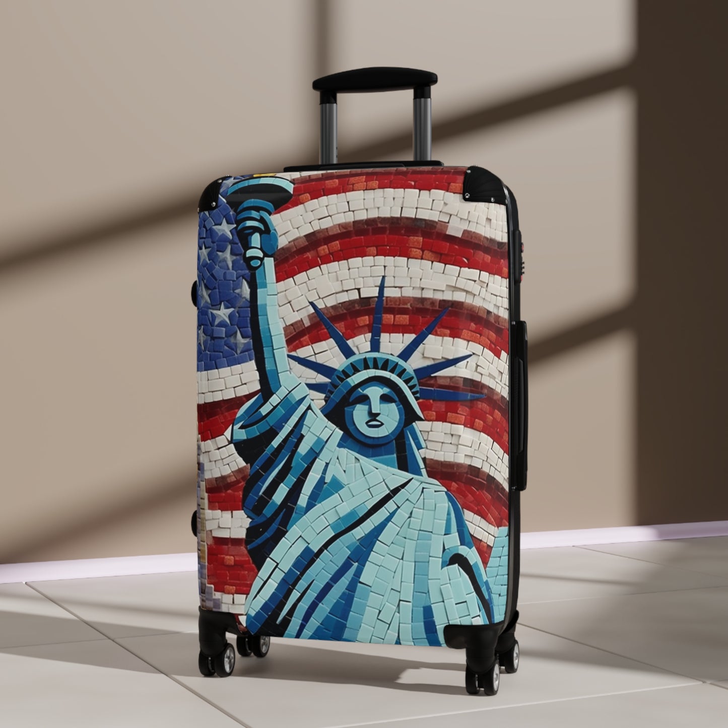 Patriotic Mosaic Artwork, Liberty Statue with Flag, Emblematic Freedom, Independence Day Mural, National Pride Abstract Tilework - Suitcase