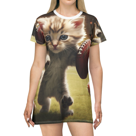 Football Kitty Fantasy: Feline Cat American Sport Quarterback - T-Shirt Dress (AOP)