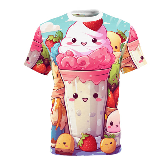 Strawberry Japan Milkshake - Kawaii Dessert Delight - Sweet Berry Anime Character - Unisex Cut & Sew Tee (AOP)