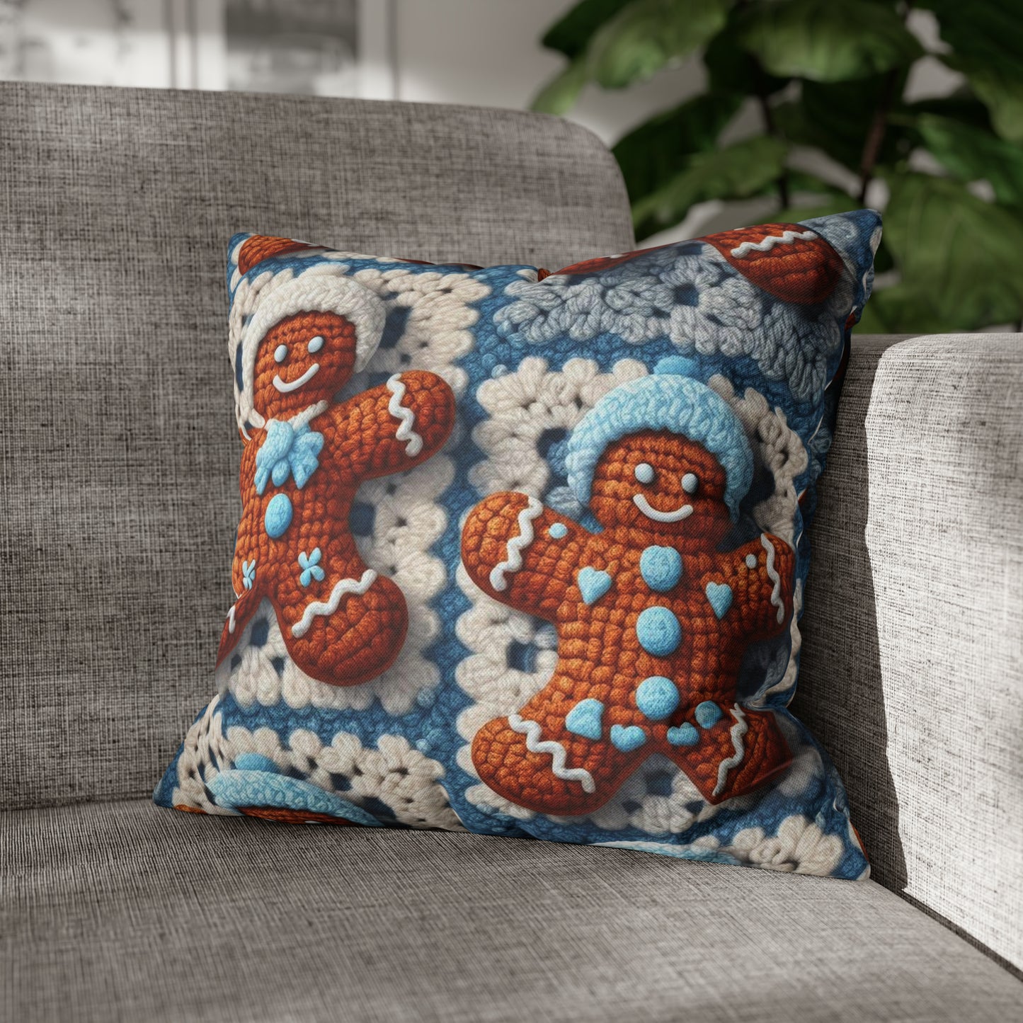 Winter Cheer: Charming Crocheted Gingerbread Christmas Friends Adorned with Snowy Hats and Sweet Smiles - Spun Polyester Square Pillow Case