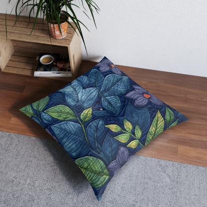 Floral Embroidery Blue: Denim-Inspired, Artisan-Crafted Flower Design - Tufted Floor Pillow, Square