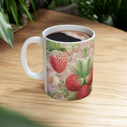 Red Berry Strawberries - Embroid Fruit - Healthy Crop Feast Food Design - Ceramic Mug 11oz