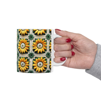 Elegancia de crochet de girasol, diseño Granny Square, motivo floral radiante. Lleva la calidez de los girasoles a tu espacio - Taza de cerámica 11oz 