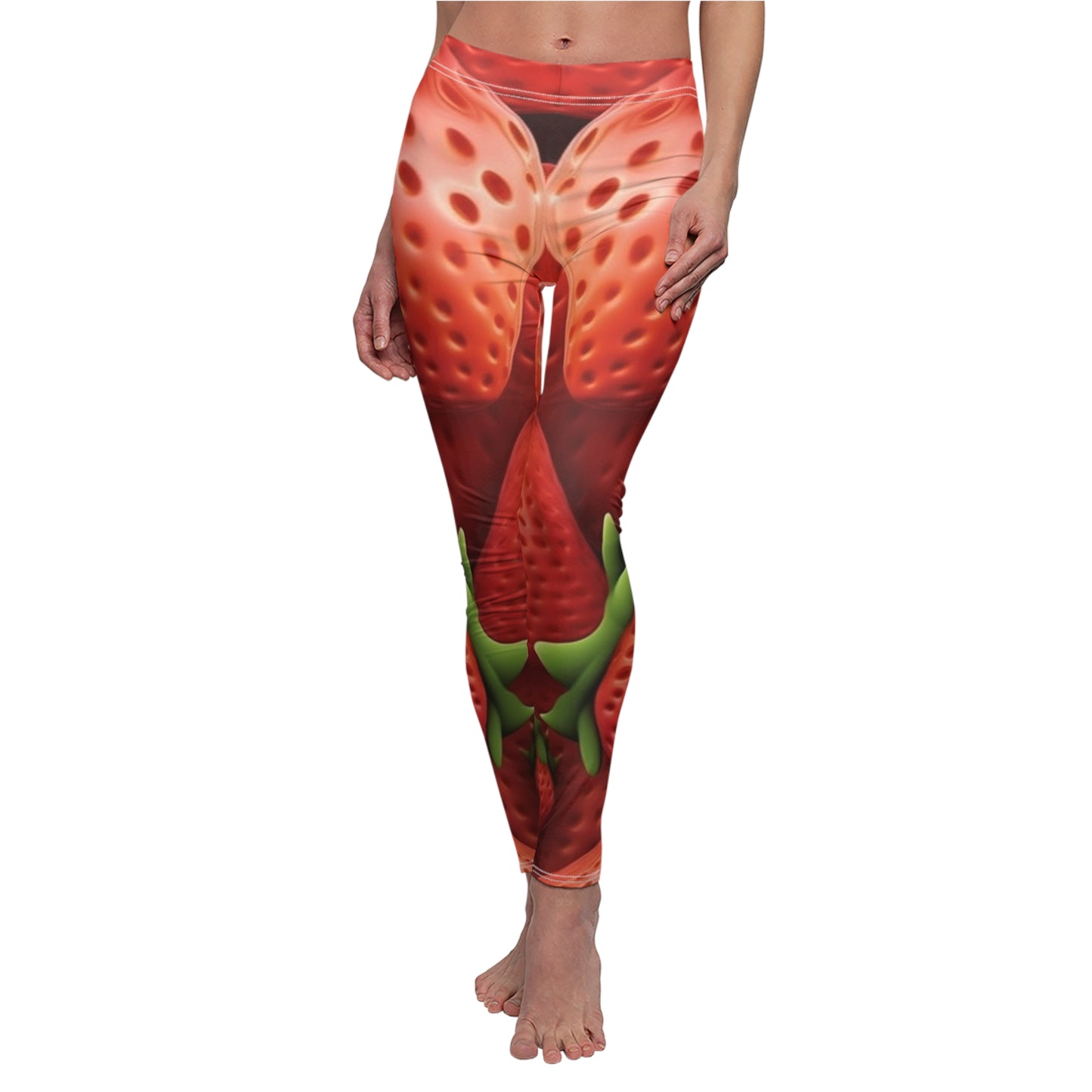 Garden Strawberries- Wild Sweet Gourmet - Farm Growing Ripe Red Fruit -Women's Cut & Sew Casual Leggings (AOP)