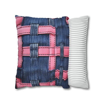 Candy-Striped Crossover: Pink Denim Ribbons Dancing on Blue Stage - Spun Polyester Square Pillow Case