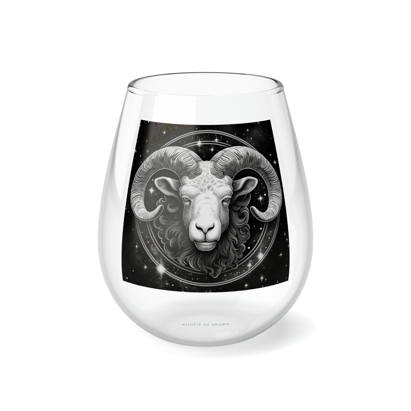 Aries Zodiac Stemless Wine Glass, 11.75oz - High-Quality Clear Glass - Black & White Starry Design