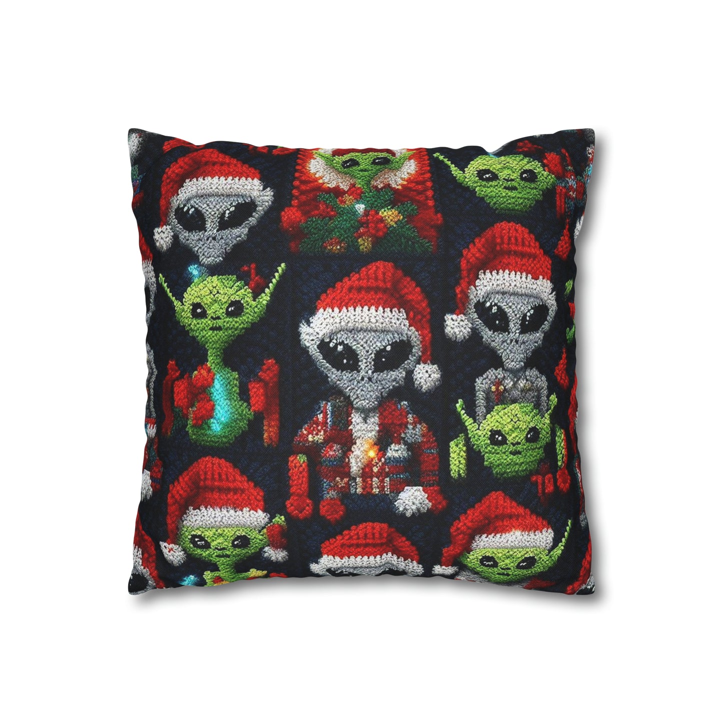 Festive Alien Invasion: Intergalactic Christmas Holiday Cheer with Santa Hats and Seasonal Gifts Crochet Pattern - Spun Polyester Square Pillow Case