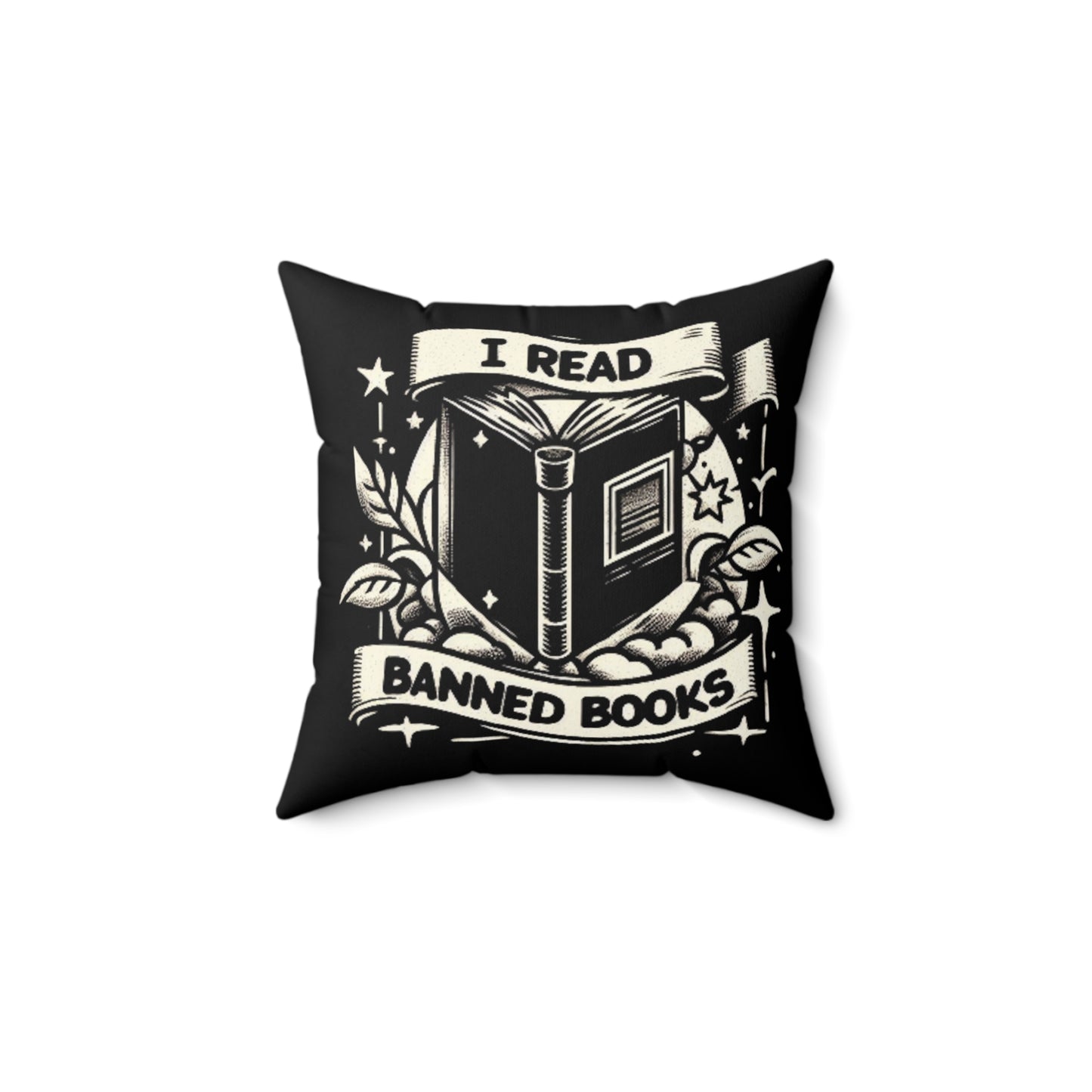 I Read Banned Books - Monochrome Crest with Stars and Laurel - Spun Polyester Square Pillow