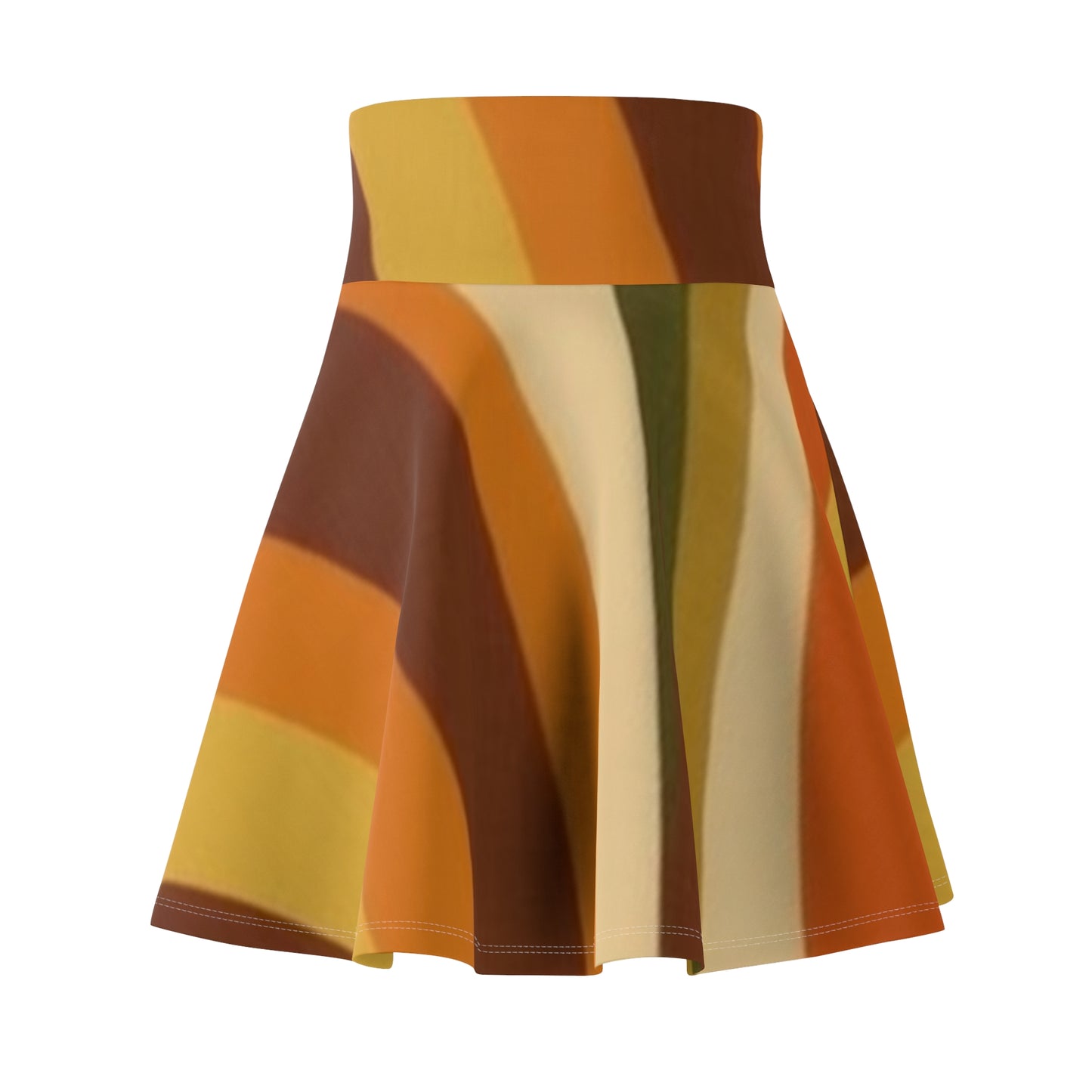 Groovy 1970s Mod-Inspired Women's Skater Skirt (AOP) in Bold Orange, Green, Rust, Gold, and Beige