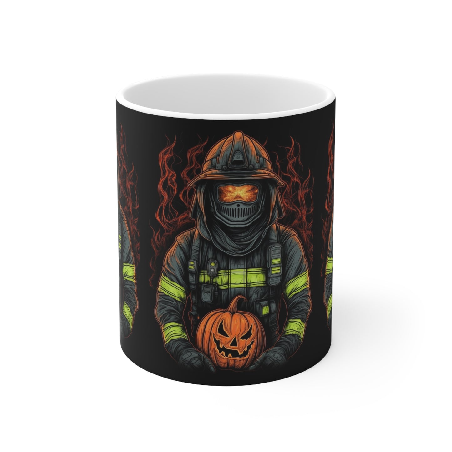 Firefighter Spooky Alert: Facing Haunted Halloween Spirits Scary Fire Pumpkin - Ceramic Mug 11oz