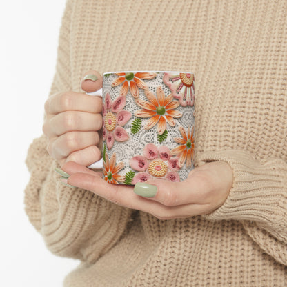 Floral Embroidered Eyelet: Delicate Flower Elegant Pattern - Ceramic Mug 11oz