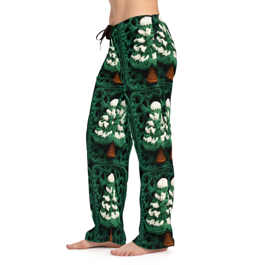 Ganchillo de árboles de Navidad de hoja perenne, artesanía navideña de pinos festivos, bosque navideño, invierno - Pantalones de pijama para mujer (AOP)