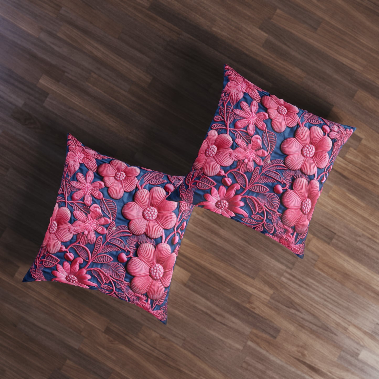 Denim Blue Doll Pink Floral Embroidery Style Fabric Flowers - Tufted Floor Pillow, Square