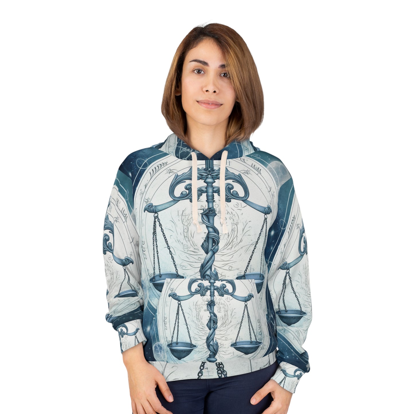 Blue Tones Libra Zodiac Cosmic Astro - Balance Scale & Symbols - Unisex Pullover Hoodie (AOP)