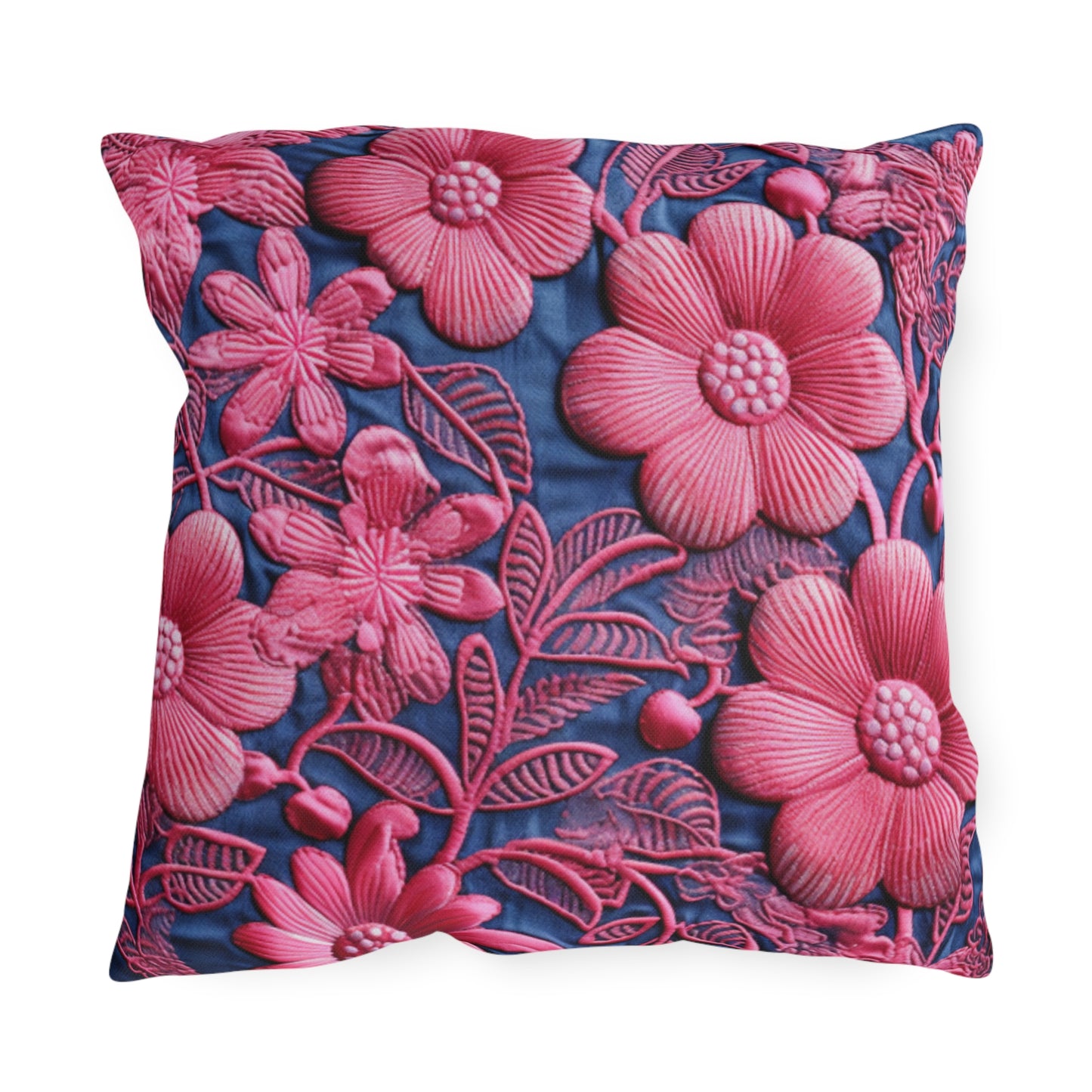 Denim Blue Doll Pink Floral Embroidery Style Fabric Flowers - Outdoor Pillows