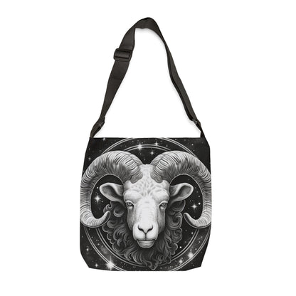 Bolso de mano del zodiaco Aries, diseño de carnero blanco y negro, 100% poliéster hilado, correa ajustable 