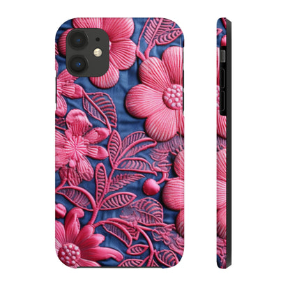 Denim Blue Doll Pink Floral Embroidery Style Fabric Flowers - Tough Phone Cases