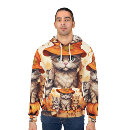 Kitty Cat Kittens Halloween - Cute Furries on Pumpkin - Festive Feline Decor - Unisex Pullover Hoodie (AOP)