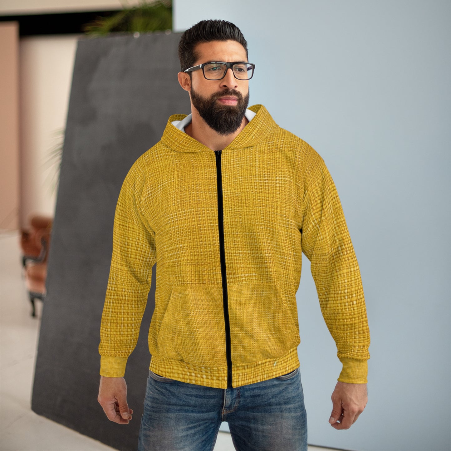 Radiant Sunny Yellow: tela de verano inspirada en la mezclilla - Sudadera con capucha y cremallera unisex (AOP) 