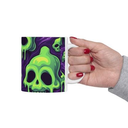 Patrón de terror aterrador de esqueletos verdes de calavera de limo de Halloween - Taza de cerámica 11oz