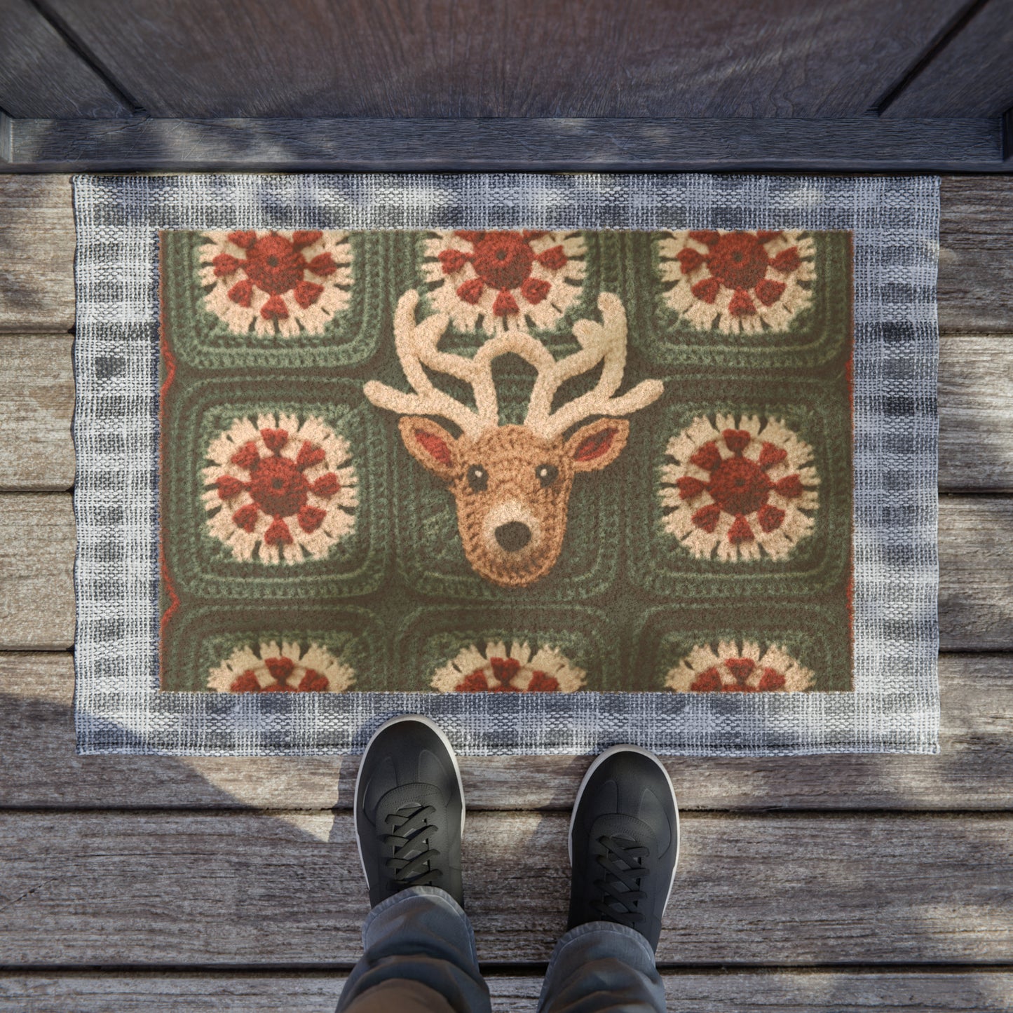 Christmas Reindeer Crochet, Wintry Wonderland Design, Festive Stag Motif. Embrace Deer Holiday Spirit - Door Coir Mat