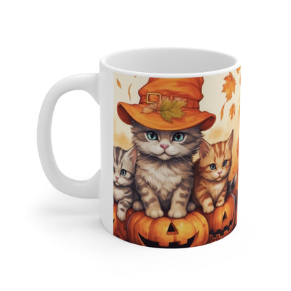 Kitty Cat Kittens Halloween - Lindos Furries en Calabaza - Decoración felina festiva - Taza de cerámica 11oz 