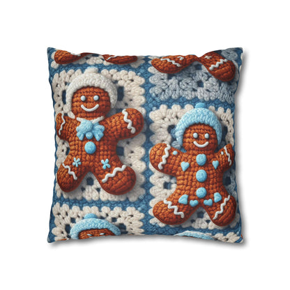 Winter Cheer: Charming Crocheted Gingerbread Christmas Friends Adorned with Snowy Hats and Sweet Smiles - Spun Polyester Square Pillow Case