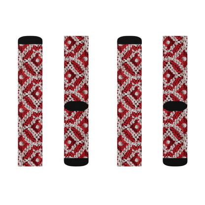 Warm Winter Red & White Crochet Knit: Cinematic Chic Texture Design - Sublimation Socks