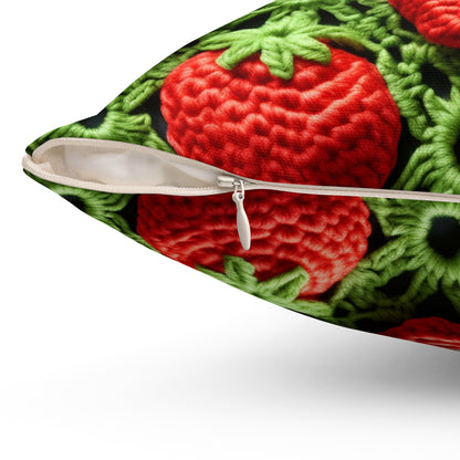 Strawberry Field Crochet - Forever Forest Greens - Fruit Berry Harvest Crop - Spun Polyester Square Pillow