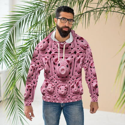 Crochet Pig Farm Animal Pink Snout Piggy Pattern - Unisex Pullover Hoodie (AOP)