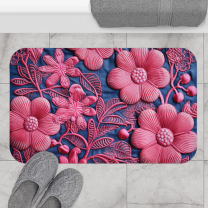 Denim Azul Muñeca Rosa Floral Bordado Estilo Tela Flores - Alfombra De Baño