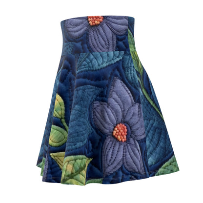 Floral Embroidery Blue: Denim-Inspired, Artisan-Crafted Flower Design - Women's Skater Skirt (AOP)