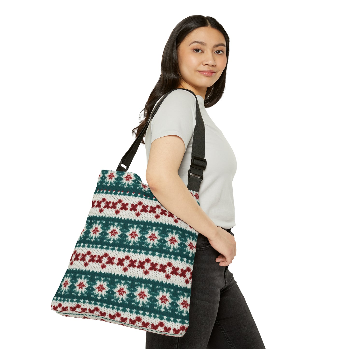 Christmas Knit Crochet Holiday, Festive Yuletide Pattern, Winter Season - Adjustable Tote Bag (AOP)