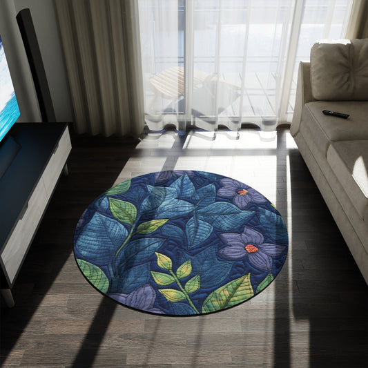 Floral Embroidery Blue: Denim-Inspired, Artisan-Crafted Flower Design - Round Rug