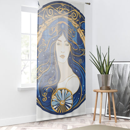 Virgo Zodiac Circular Symmetry in Gold Royal Blue - Window Curtain