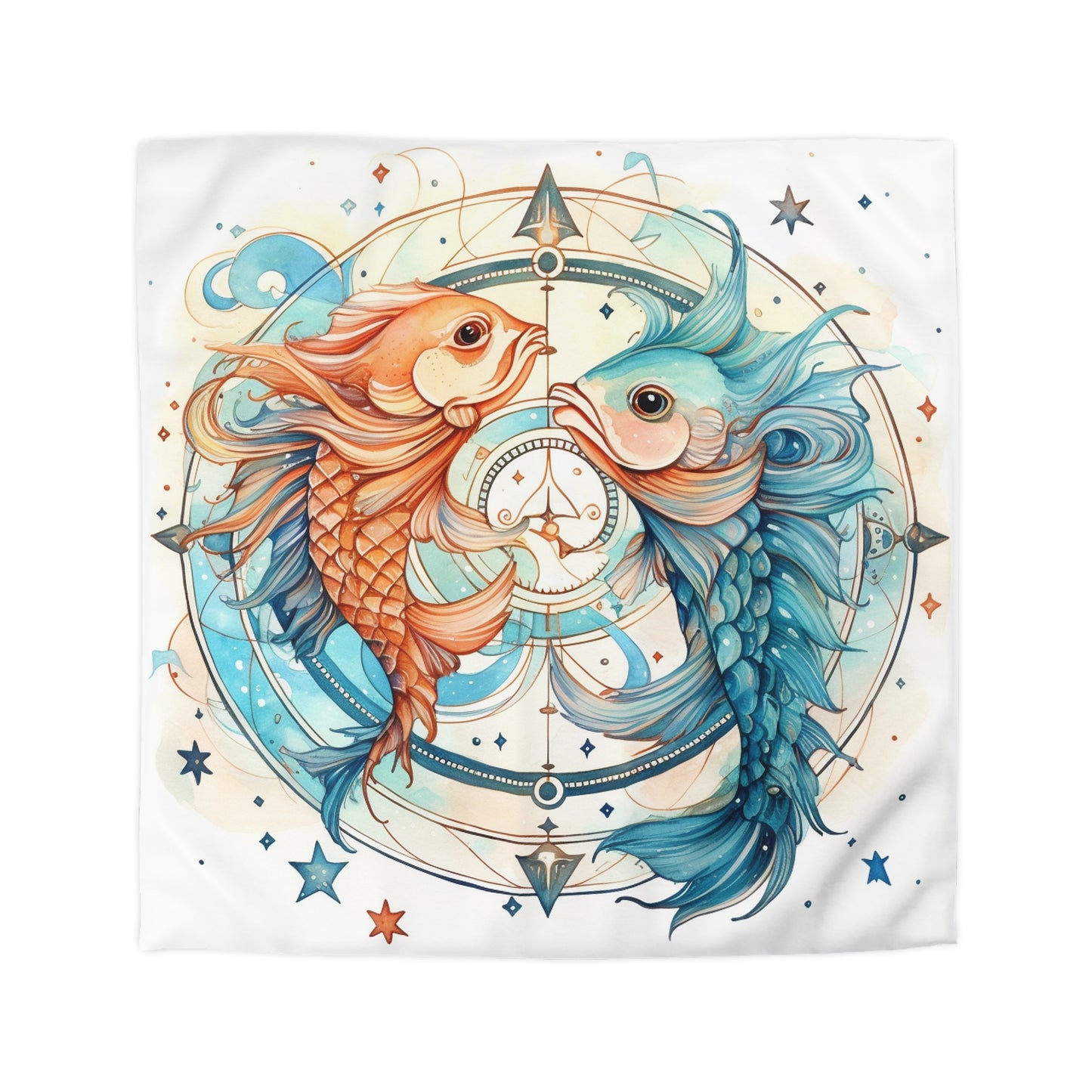 Pisces Zodiac Horoscope - Starry Watercolor & Ink, Hyper-Detailed Fish Microfiber Duvet Cover